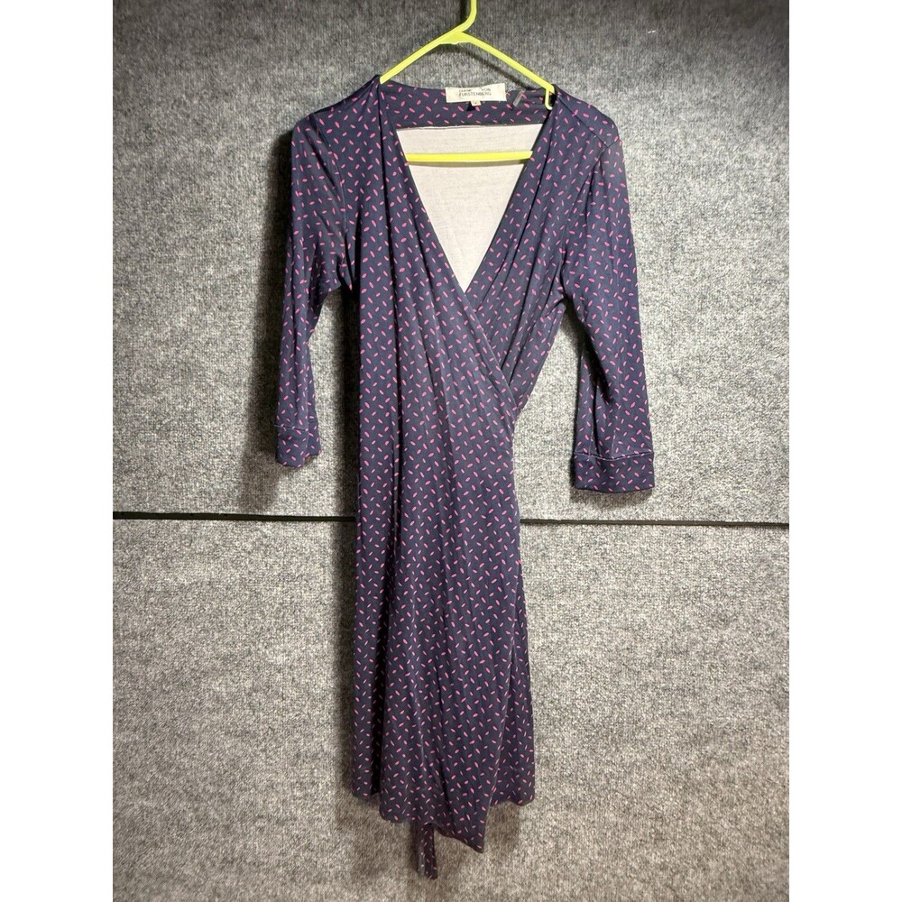 Diane Von Furstenberg DVF Blue Pink Print Silk Jersey Wrap Dress Size 6